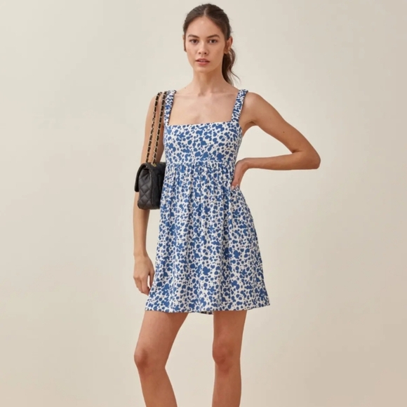 Reformation Blue Serene Mini Dress Babydoll Smocked Straps Size 2 - Picture 1 of 9